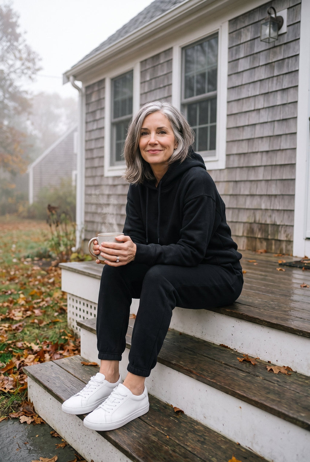 Black fleece hoodie and jogger set styled on Cape Cod for women 50+ – Susan & Anne