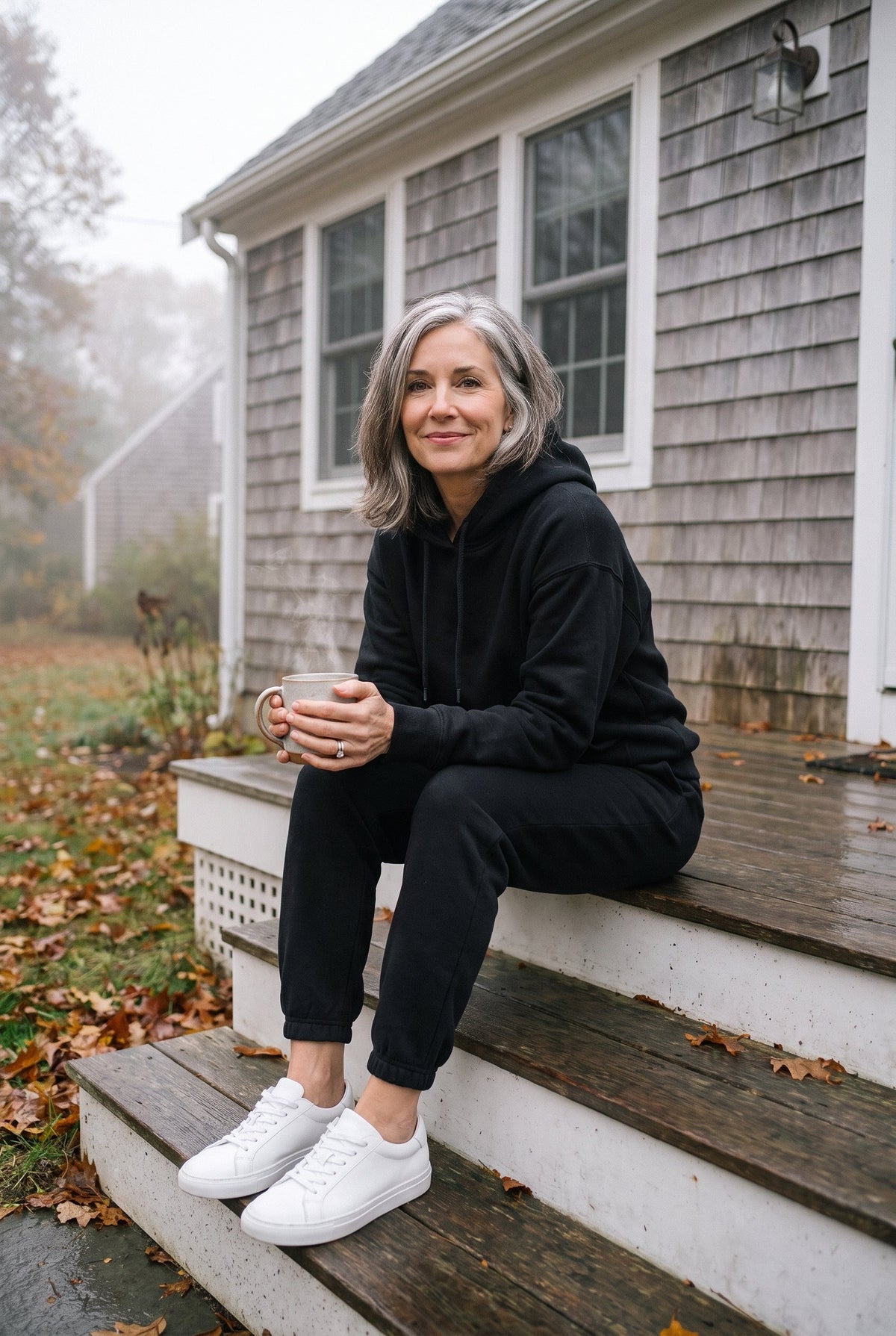 Black fleece hoodie and jogger set styled on Cape Cod for women 50+ – Susan & Anne
