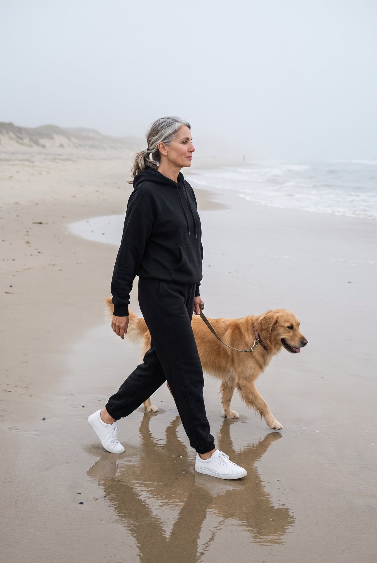 Black fleece hoodie and jogger set styled on Cape Cod for women 50+ – Susan & Anne