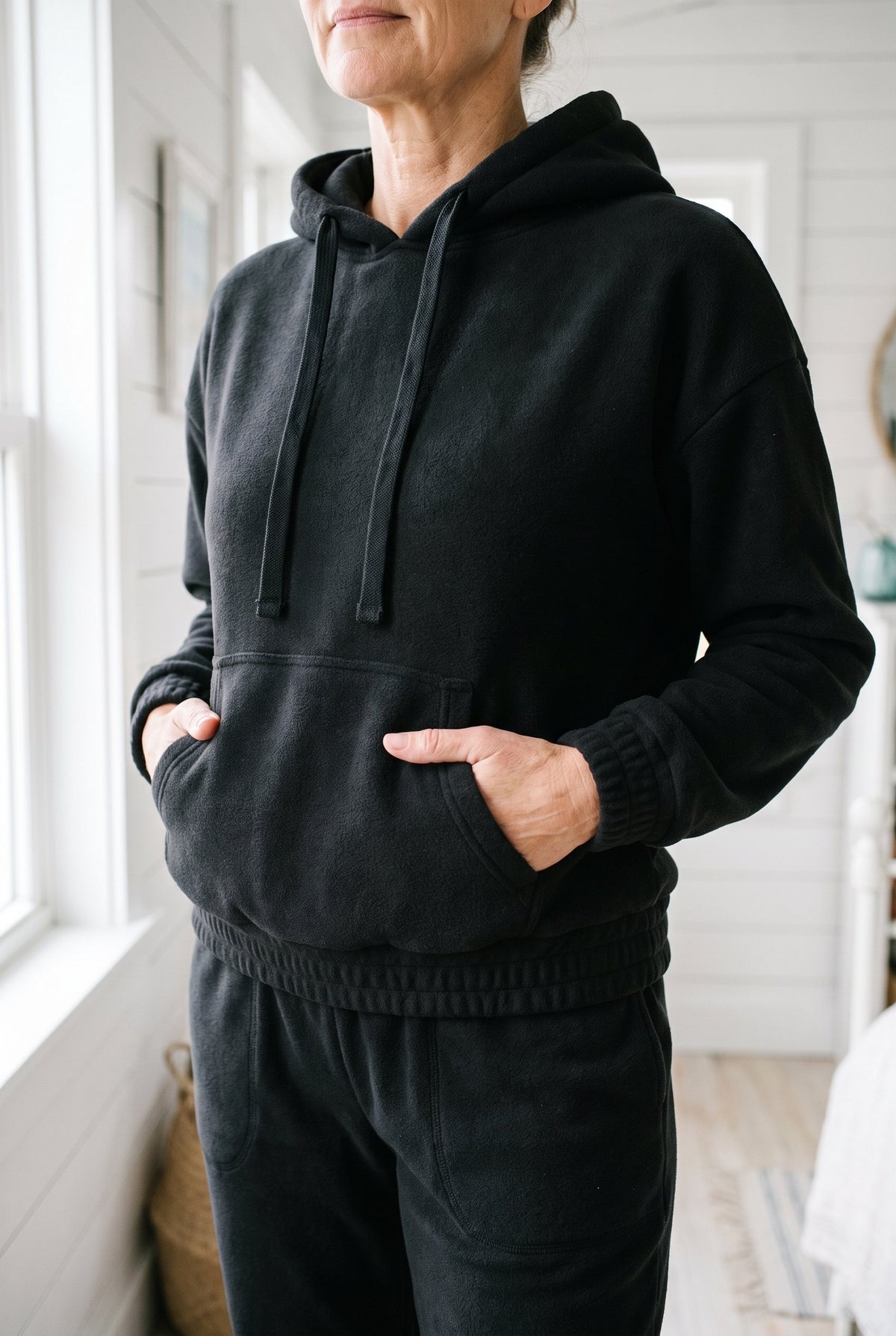 Black fleece hoodie and jogger set styled on Cape Cod for women 50+ – Susan & Anne
