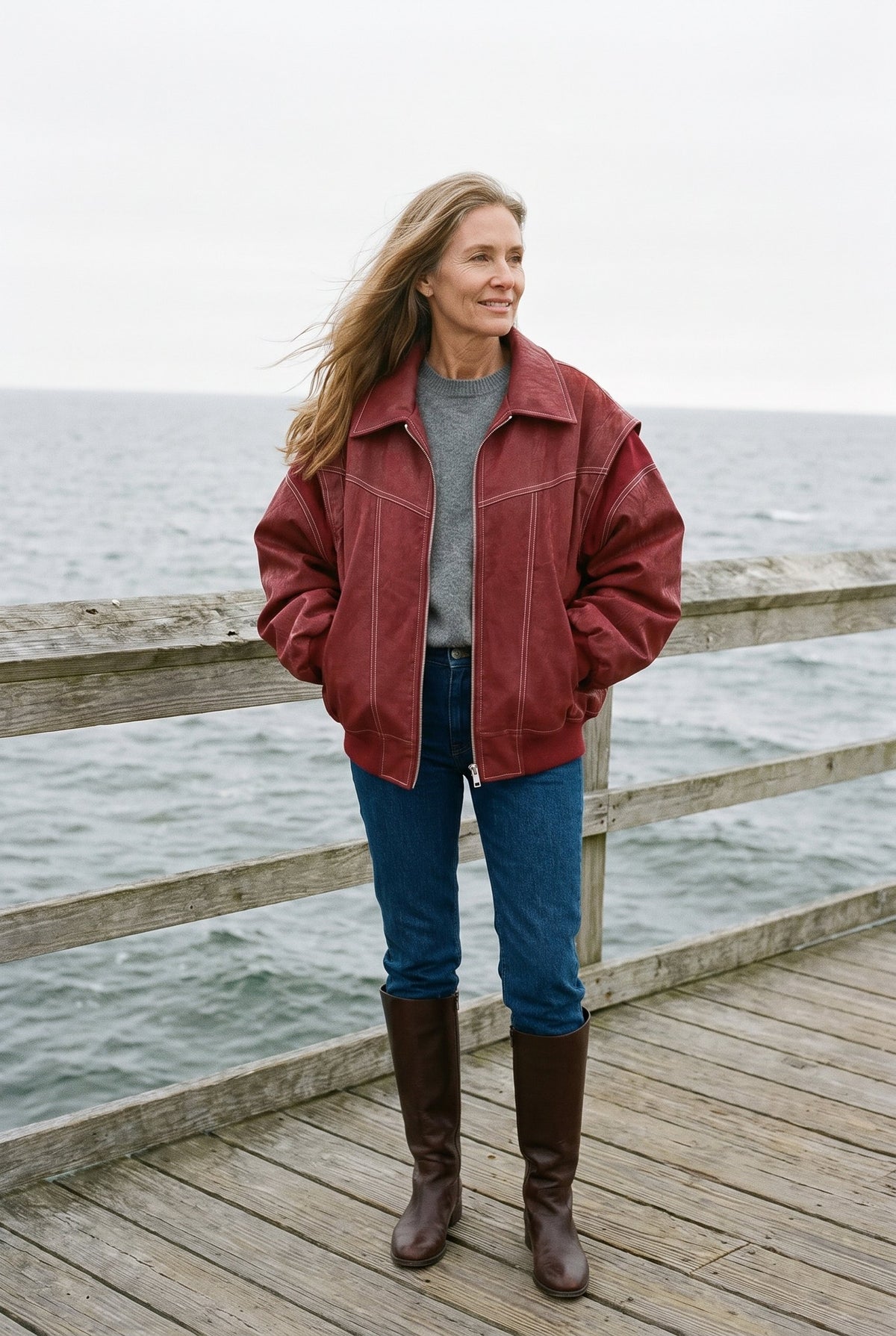 Burgundy oversized windbreaker jacket styled on Cape Cod for women 50+ – Susan & Anne