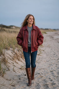 Burgundy oversized windbreaker jacket styled on Cape Cod for women 50+ – Susan & Anne