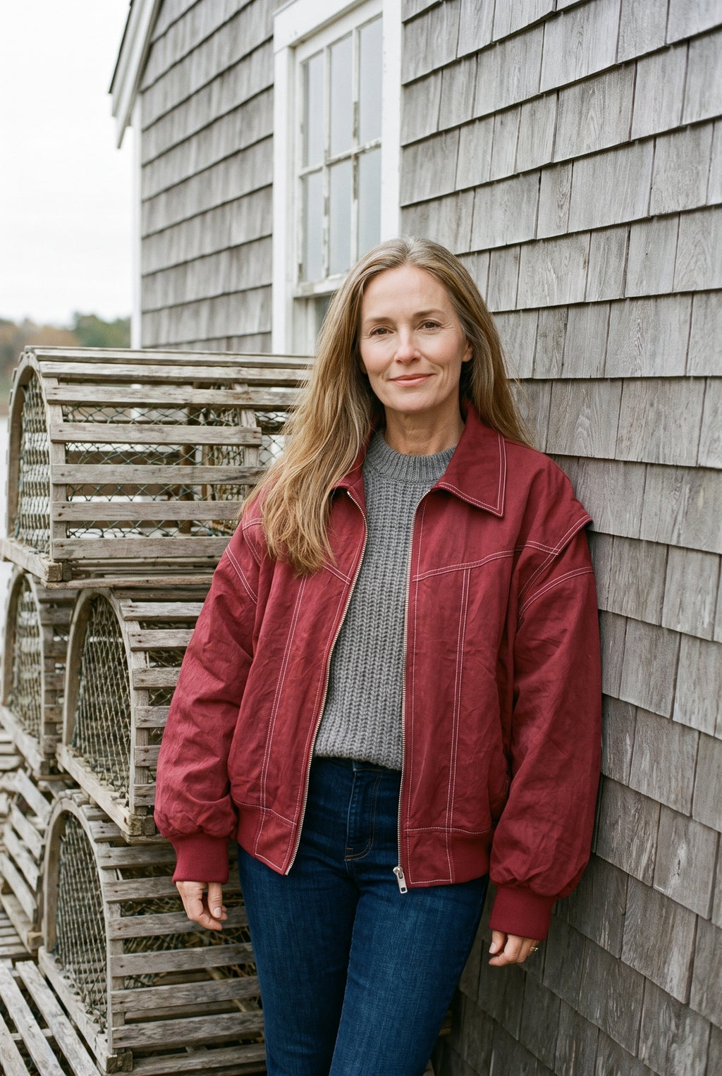 Burgundy oversized windbreaker jacket styled on Cape Cod for women 50+ – Susan & Anne