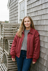 Burgundy oversized windbreaker jacket styled on Cape Cod for women 50+ – Susan & Anne