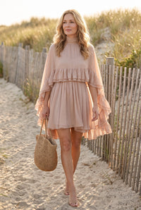 Blush chiffon cape dress styled on Cape Cod for women 50+ – Susan & Anne