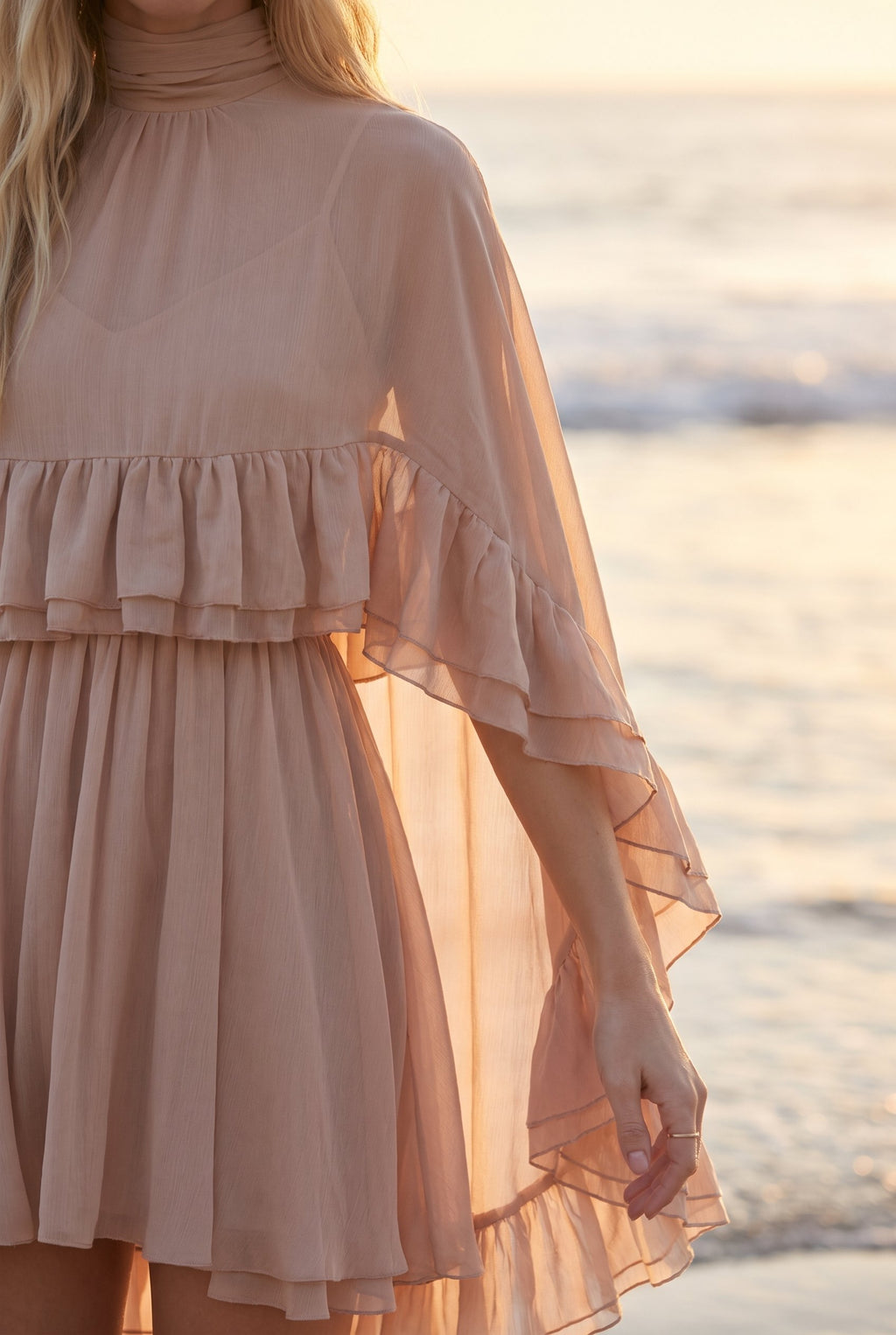 Blush chiffon cape dress styled on Cape Cod for women 50+ – Susan & Anne