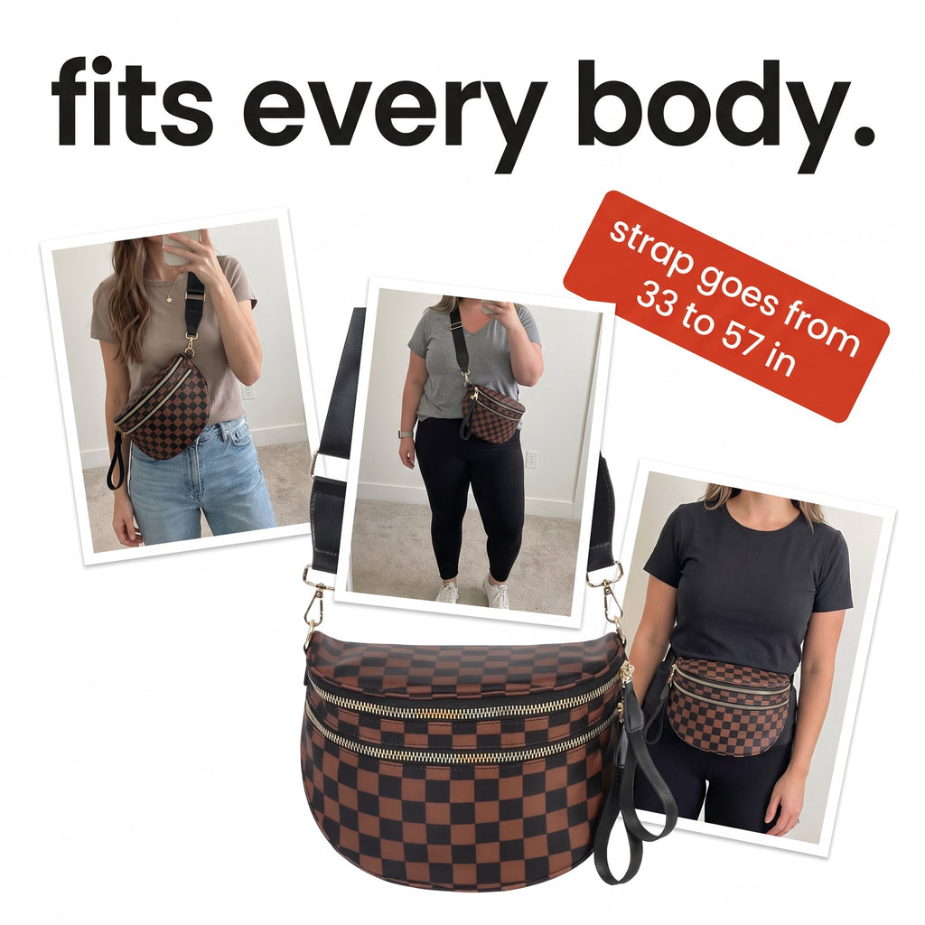 The Freehand crossbody bag worn by different body types, adjustable strap from 33 to 57 inches