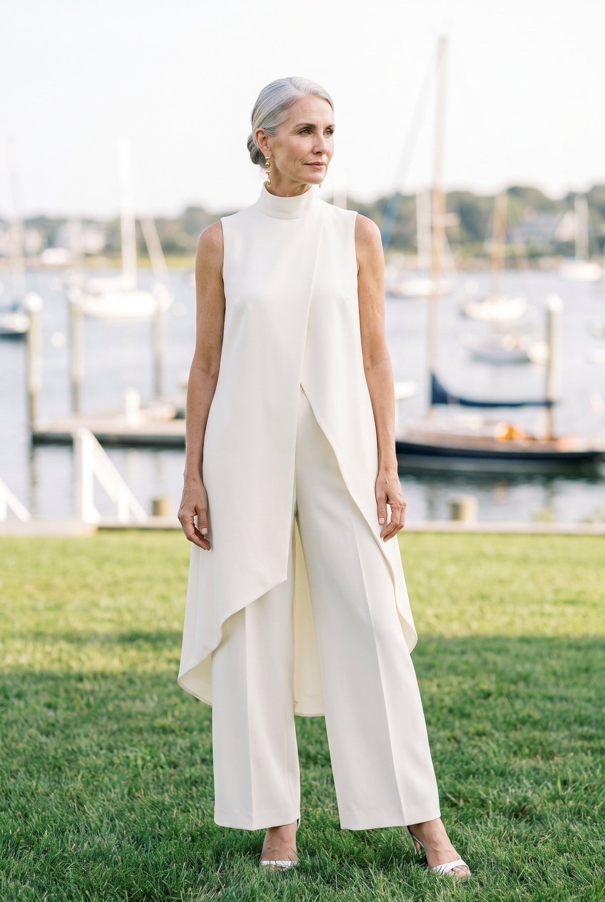Ivory draped two-piece set styled on Cape Cod for women 50+ – Susan & Anne