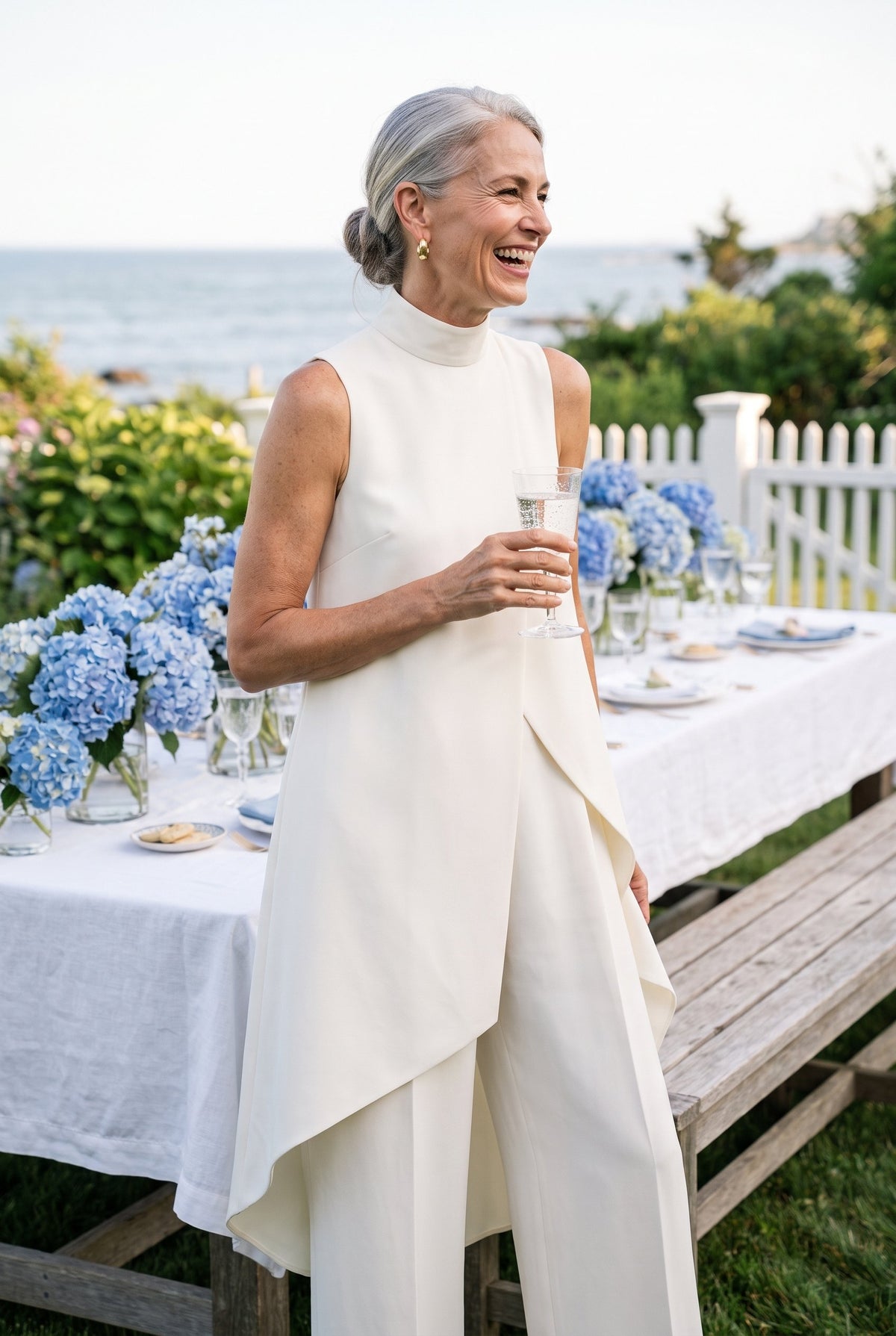 Ivory draped two-piece set styled on Cape Cod for women 50+ – Susan & Anne