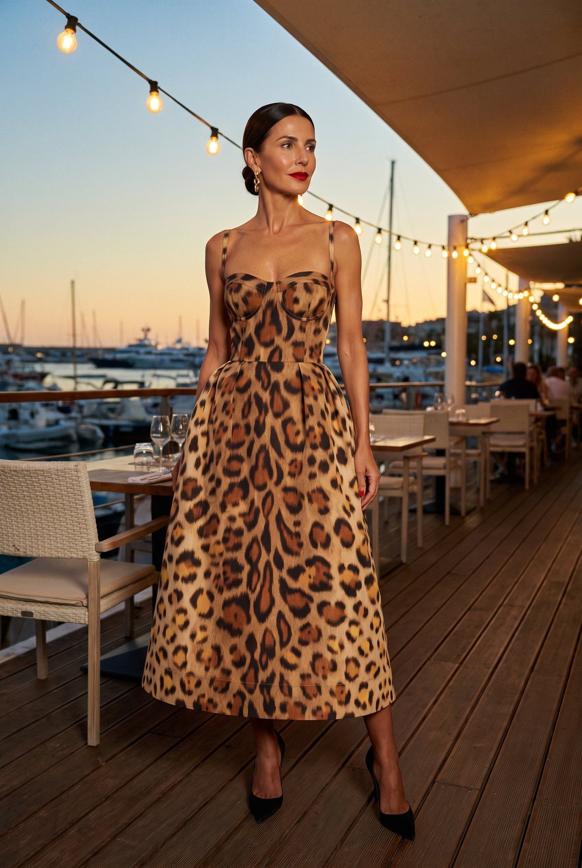 Leopard print bustier midi dress styled on Cape Cod for women 50+ – Susan & Anne