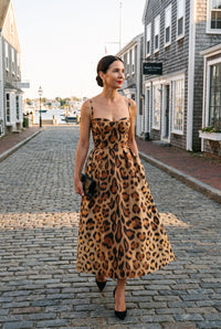 Leopard print bustier midi dress styled on Cape Cod for women 50+ – Susan & Anne