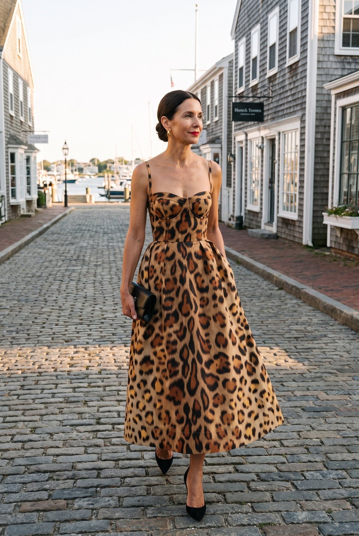 Leopard print bustier midi dress styled on Cape Cod for women 50+ – Susan & Anne