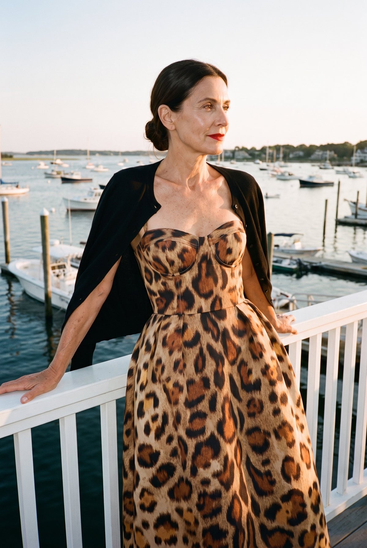 Leopard print bustier midi dress styled on Cape Cod for women 50+ – Susan & Anne