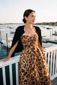 Leopard print bustier midi dress styled on Cape Cod for women 50+ – Susan & Anne