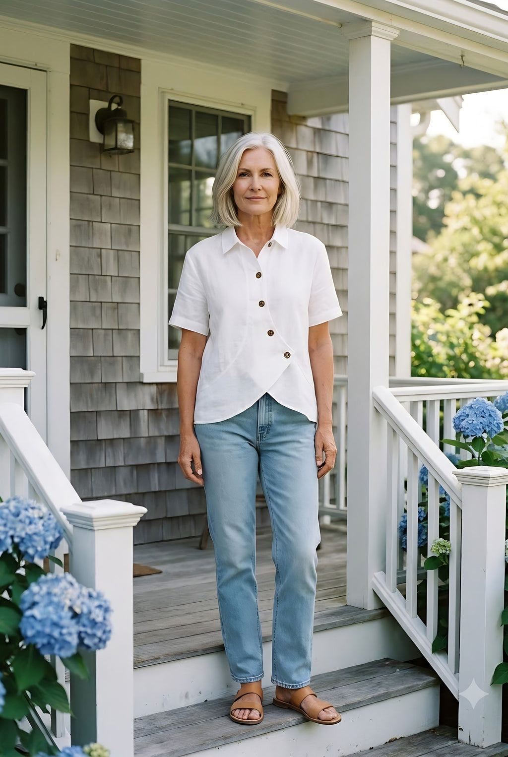 White linen wrap shirt styled on Cape Cod for women 50+ – Susan & Anne