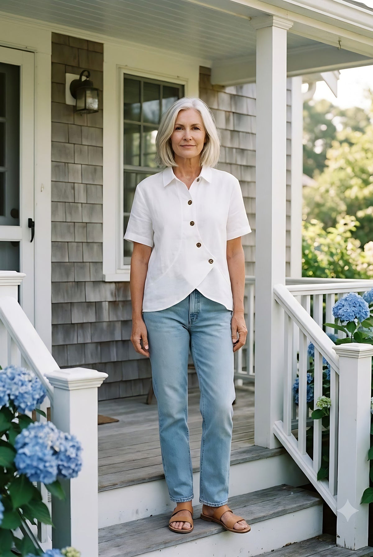 White linen wrap shirt styled on Cape Cod for women 50+ – Susan & Anne