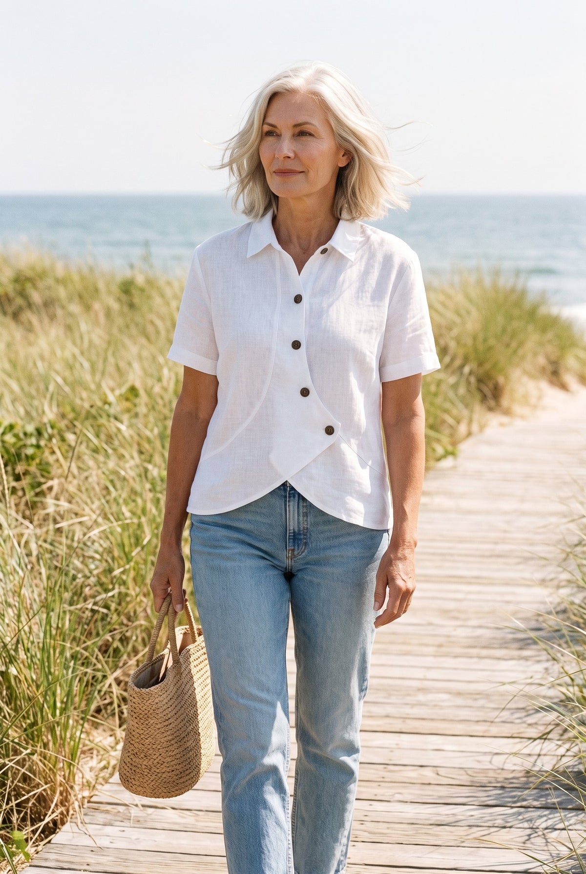 White linen wrap shirt styled on Cape Cod for women 50+ – Susan & Anne