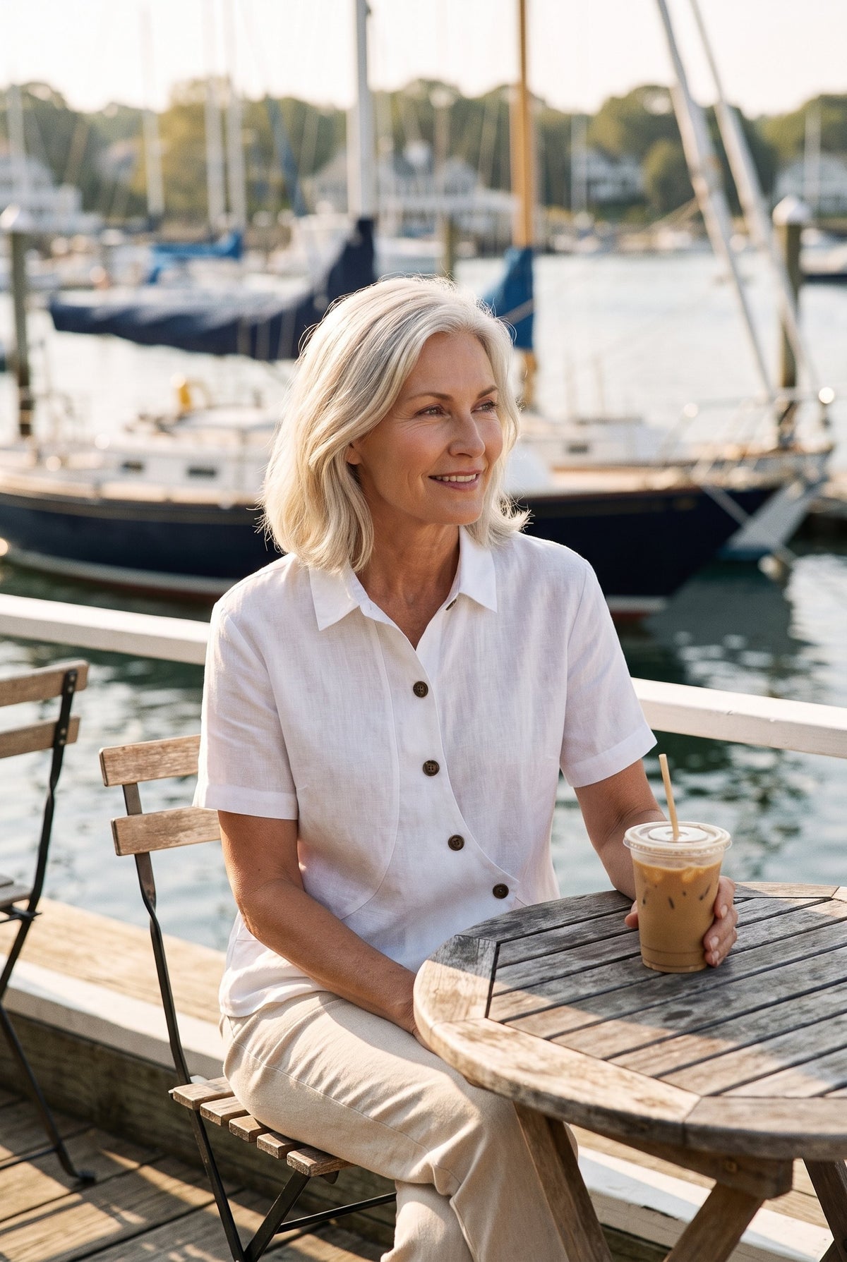 White linen wrap shirt styled on Cape Cod for women 50+ – Susan & Anne