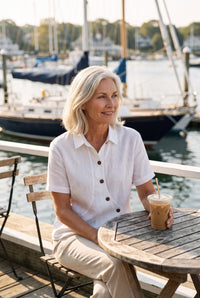 White linen wrap shirt styled on Cape Cod for women 50+ – Susan & Anne