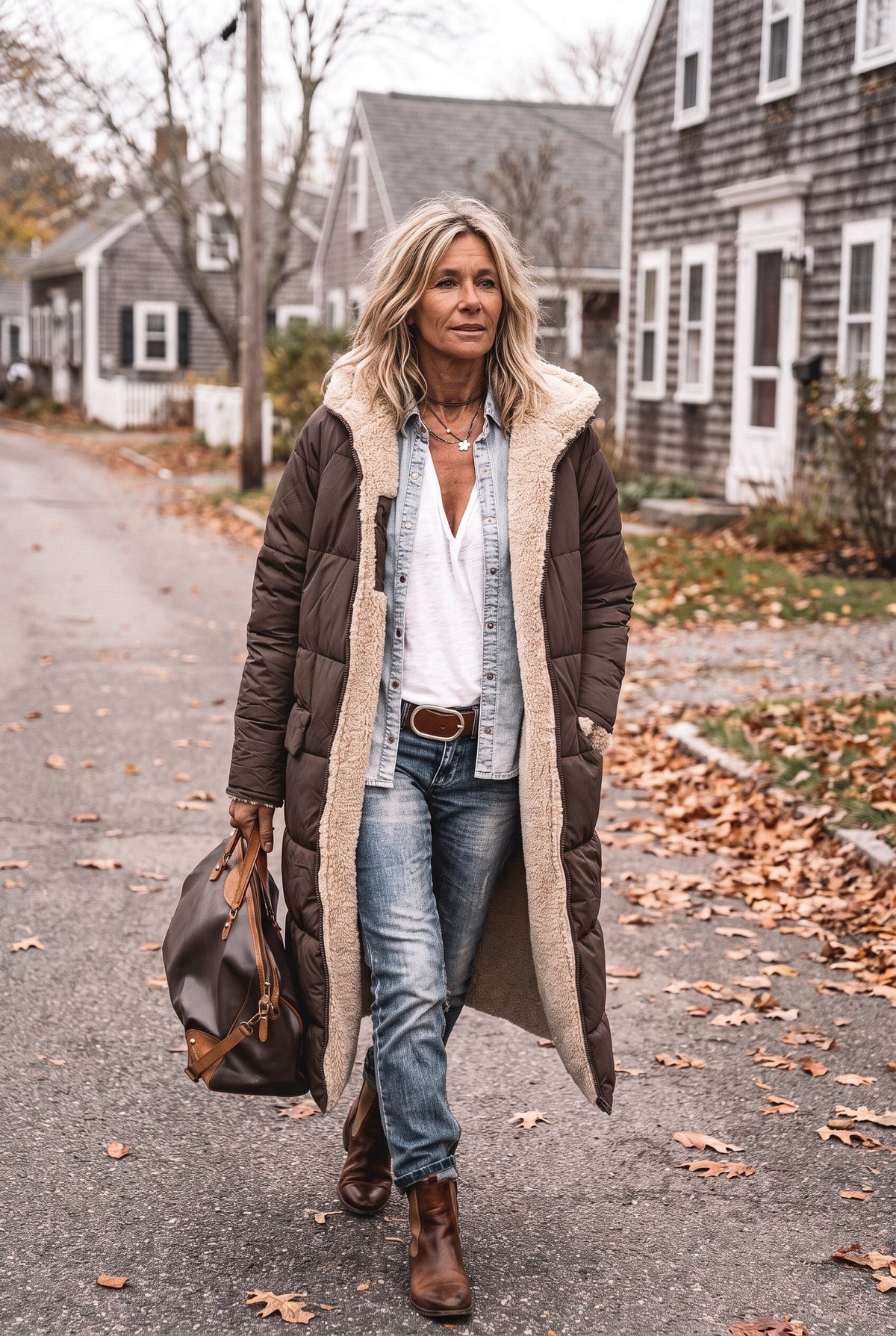 Long sherpa-lined puffer coat styled on Cape Cod for women 50+ – Susan & Anne