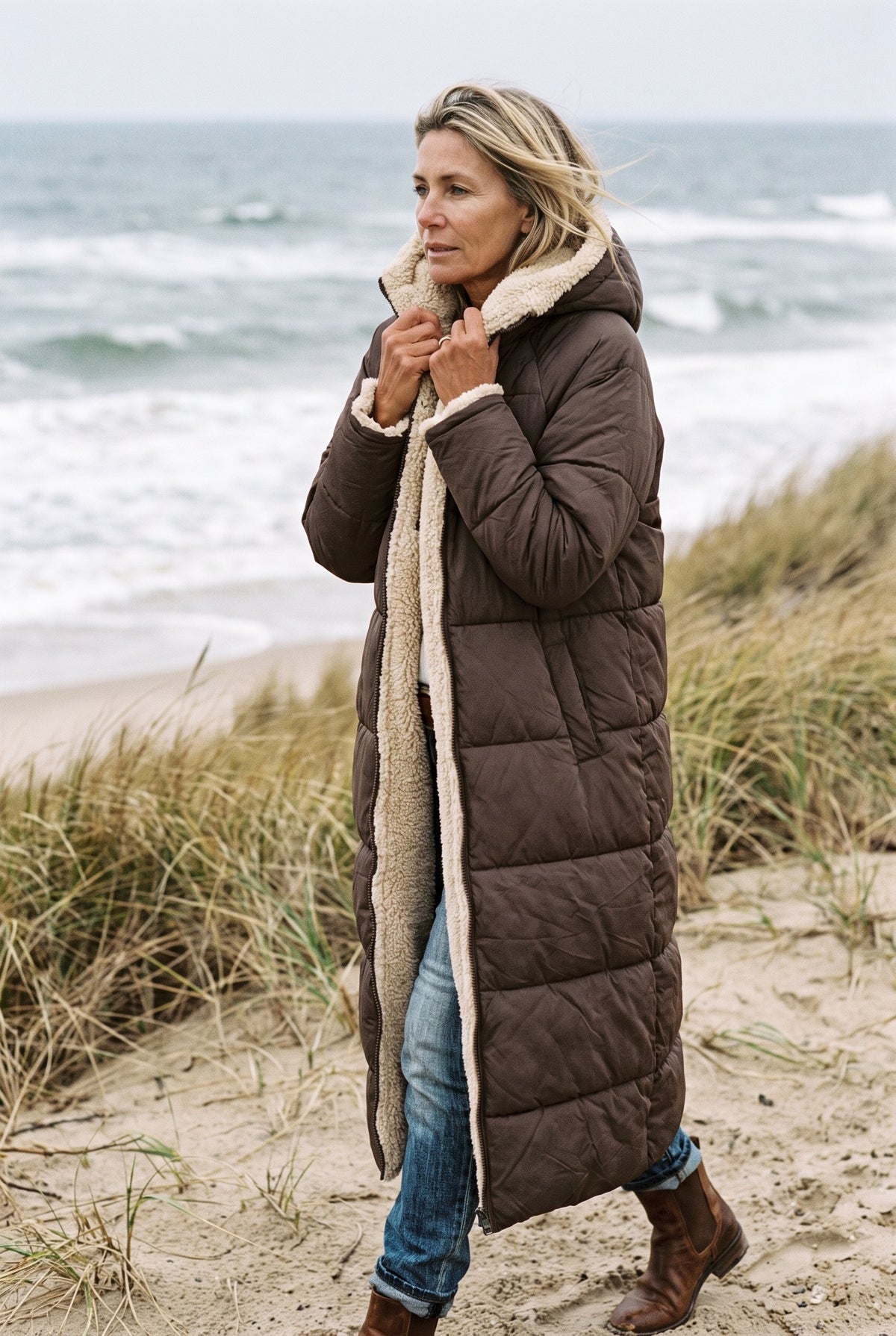 Long sherpa-lined puffer coat styled on Cape Cod for women 50+ – Susan & Anne