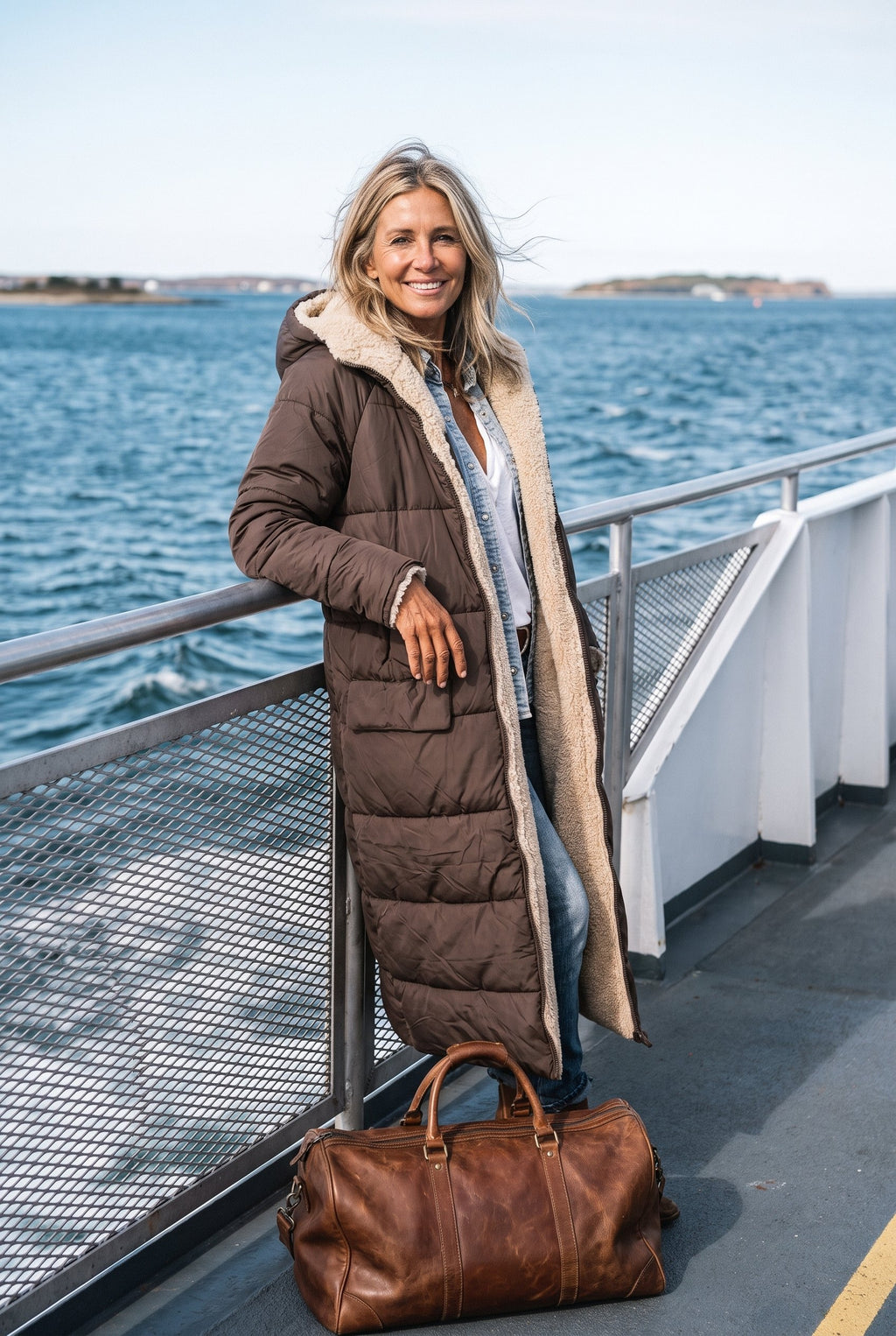 Long sherpa-lined puffer coat styled on Cape Cod for women 50+ – Susan & Anne