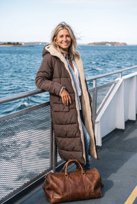 Long sherpa-lined puffer coat styled on Cape Cod for women 50+ – Susan & Anne