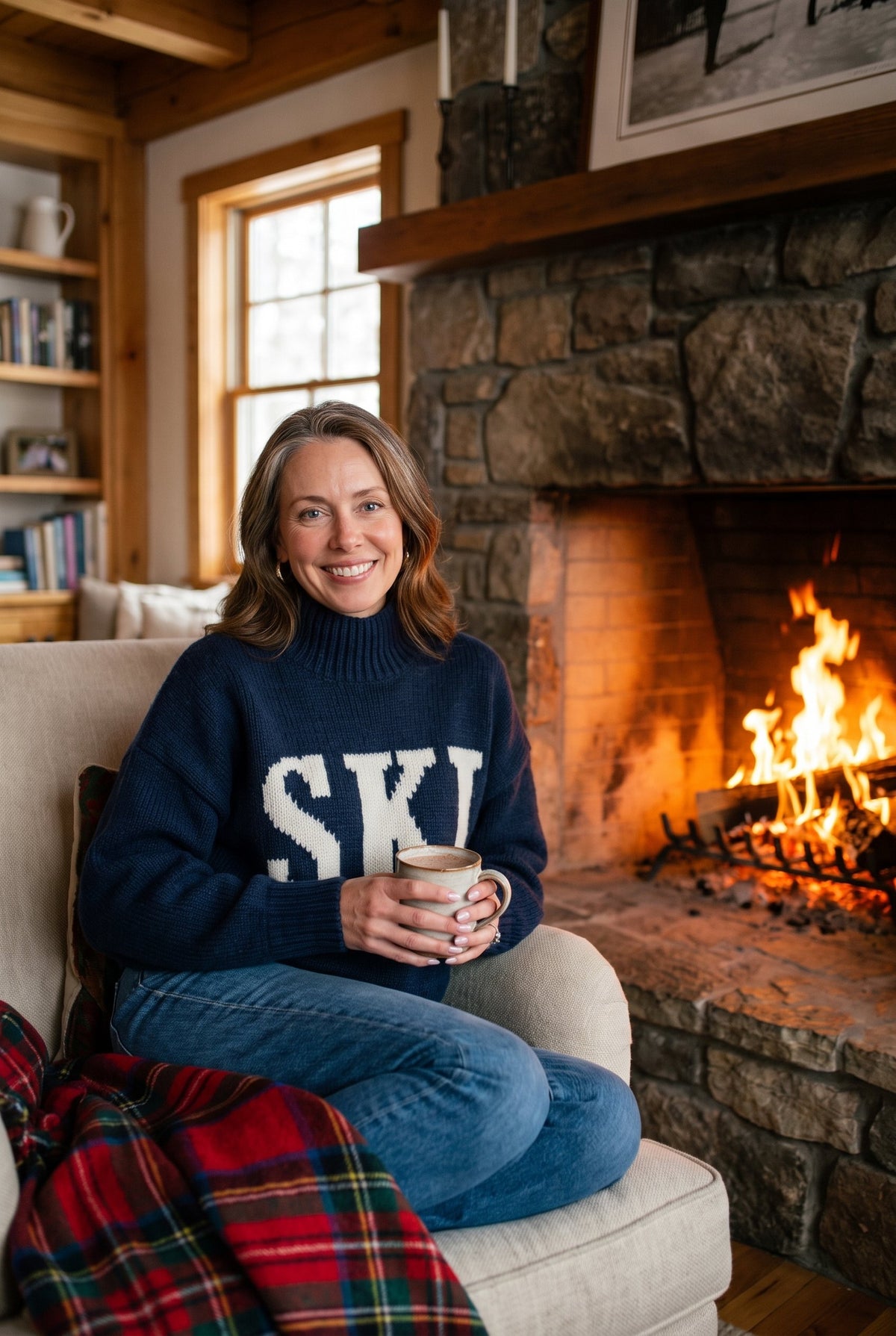 Navy SKI chunky knit sweater styled on Cape Cod for women 50+ – Susan & Anne