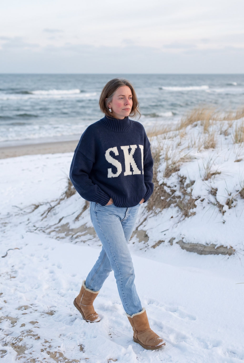 Navy SKI chunky knit sweater styled on Cape Cod for women 50+ – Susan & Anne