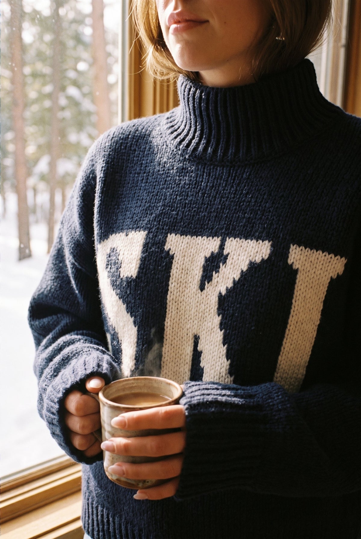 Navy SKI chunky knit sweater styled on Cape Cod for women 50+ – Susan & Anne