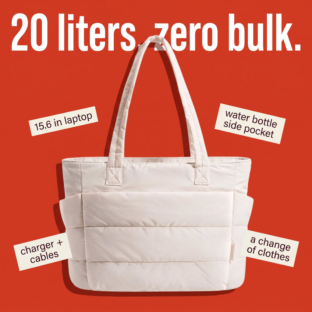 The Pillow Tote holds 20 liters: laptop, water bottle, charger, change of clothes