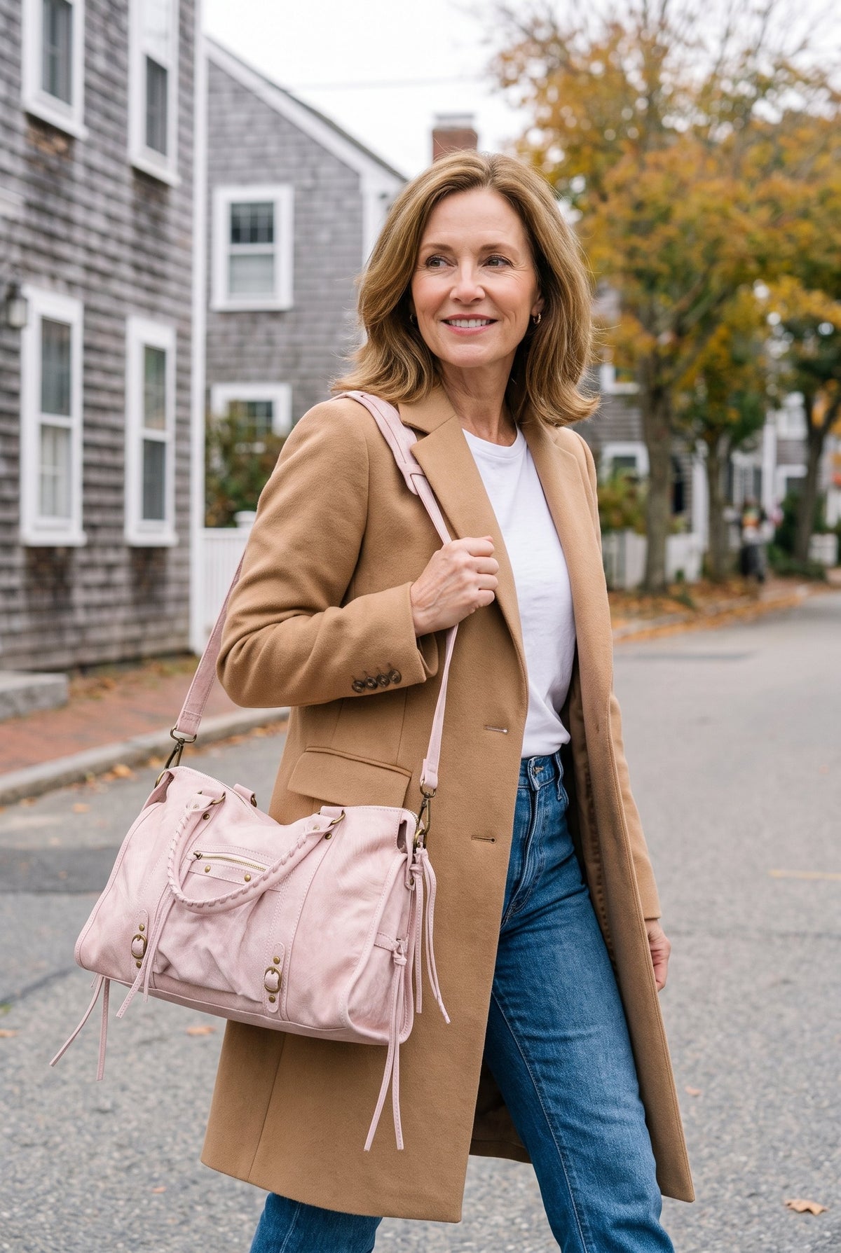 Pink suede studded shoulder bag styled on Cape Cod for women 50+ – Susan & Anne