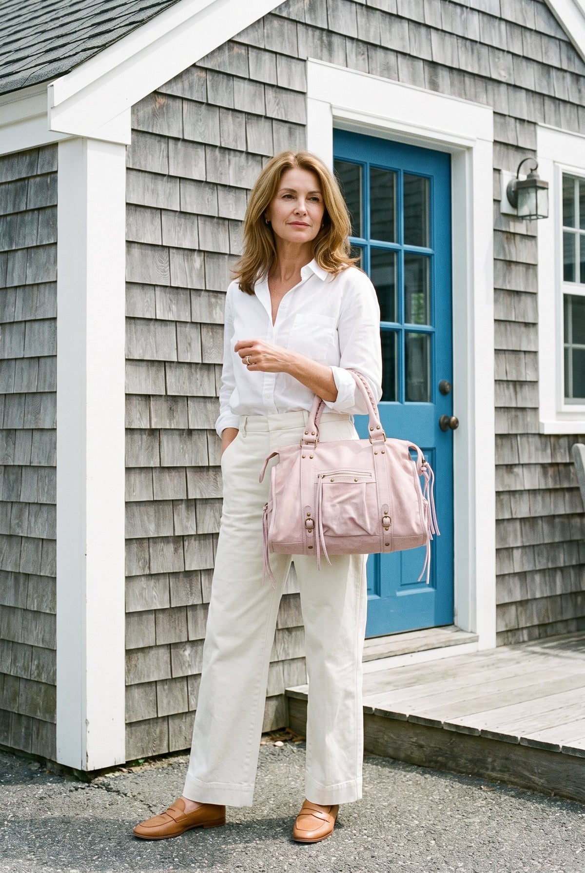 Pink suede studded shoulder bag styled on Cape Cod for women 50+ – Susan & Anne