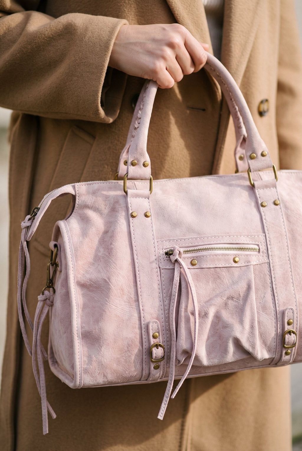 Pink suede studded shoulder bag styled on Cape Cod for women 50+ – Susan & Anne