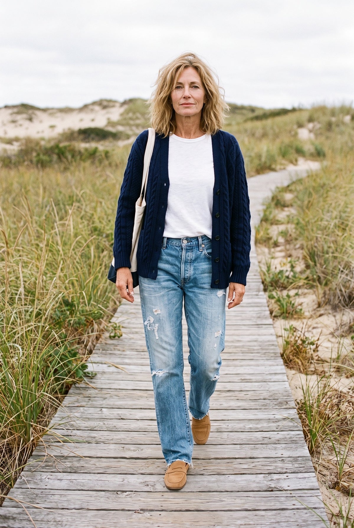 Relaxed distressed straight jeans styled on Cape Cod for women 50+ – Susan & Anne