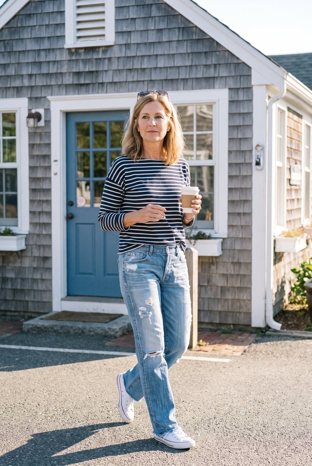 Relaxed distressed straight jeans styled on Cape Cod for women 50+ – Susan & Anne