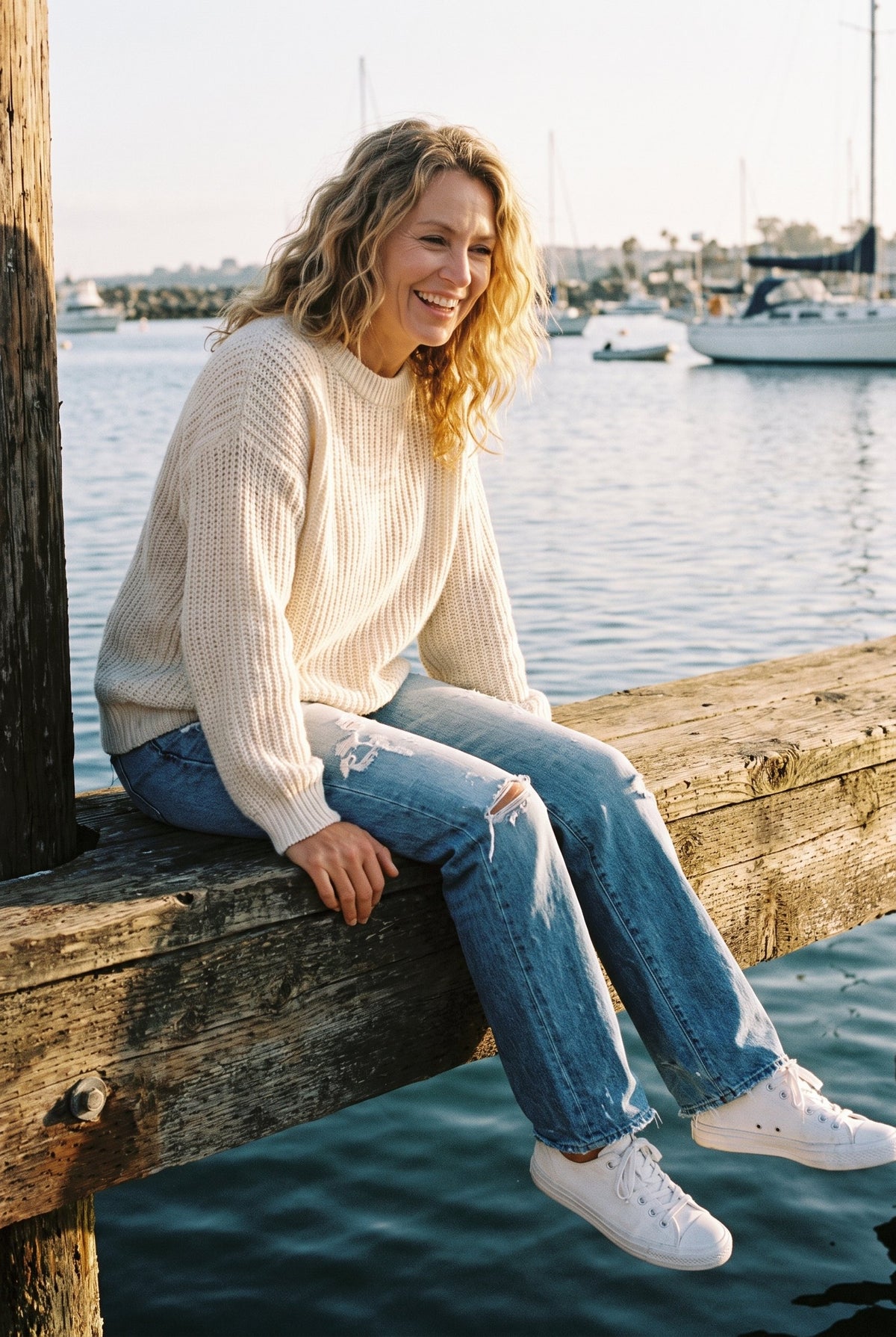 Relaxed distressed straight jeans styled on Cape Cod for women 50+ – Susan & Anne