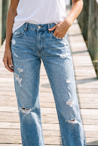 Relaxed distressed straight jeans styled on Cape Cod for women 50+ – Susan & Anne