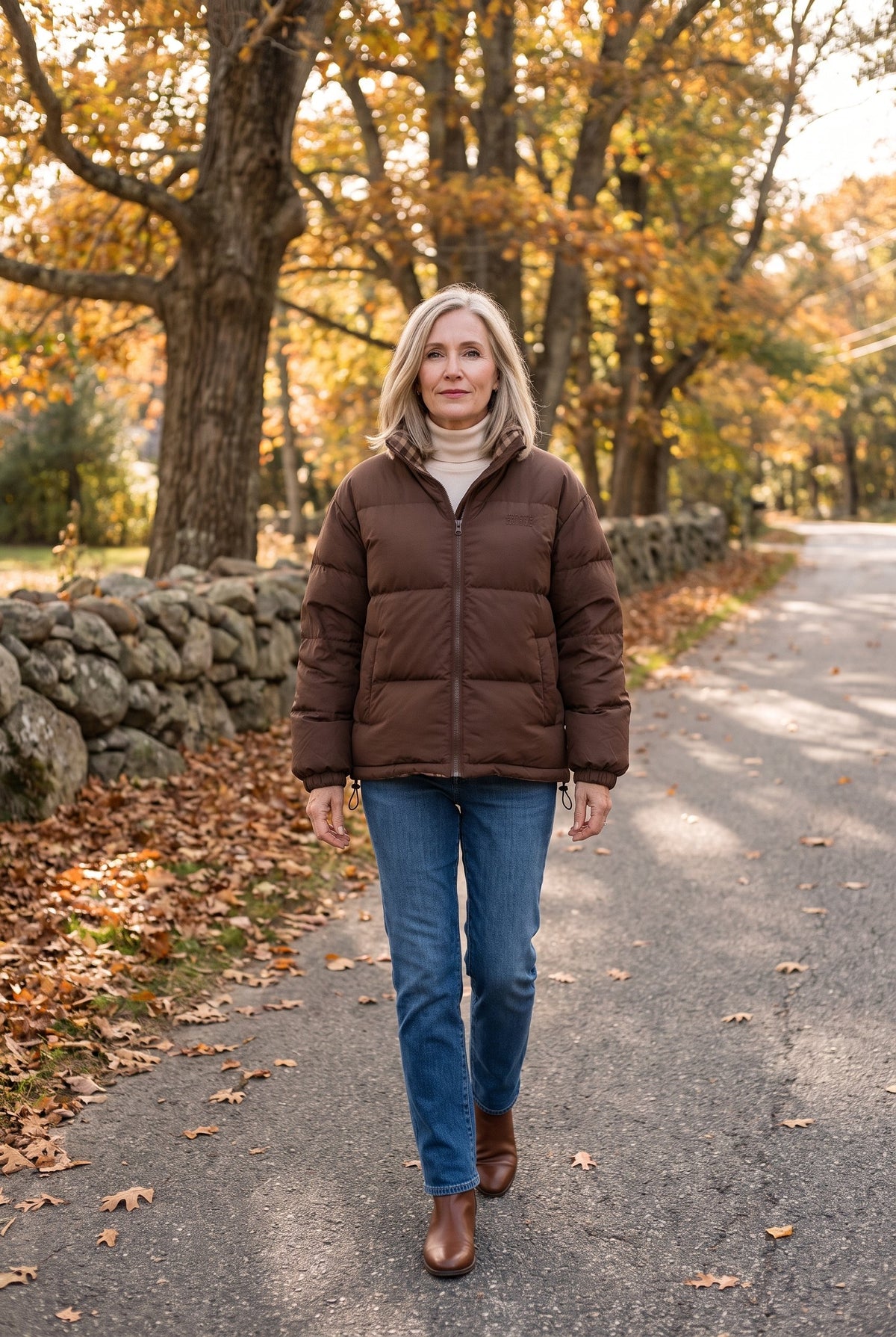 Reversible brown and plaid puffer jacket styled on Cape Cod for women 50+ – Susan & Anne