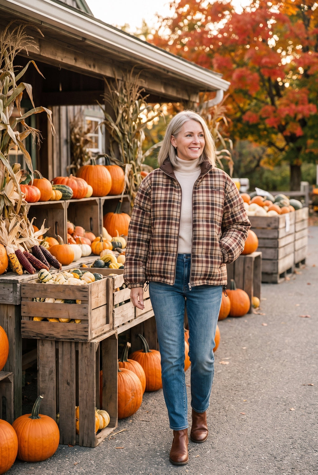 Reversible brown and plaid puffer jacket styled on Cape Cod for women 50+ – Susan & Anne