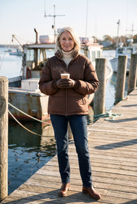 Reversible brown and plaid puffer jacket styled on Cape Cod for women 50+ – Susan & Anne