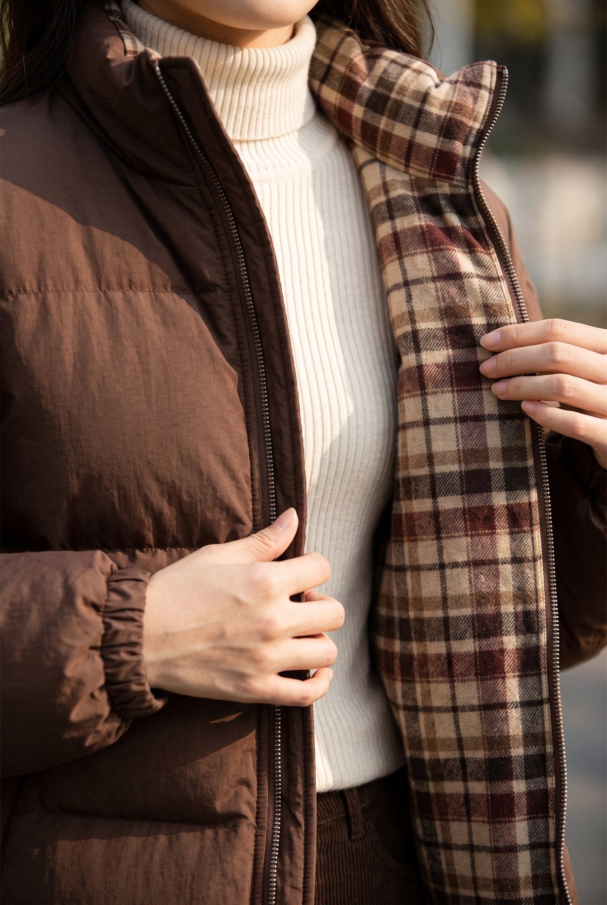 Reversible brown and plaid puffer jacket styled on Cape Cod for women 50+ – Susan & Anne