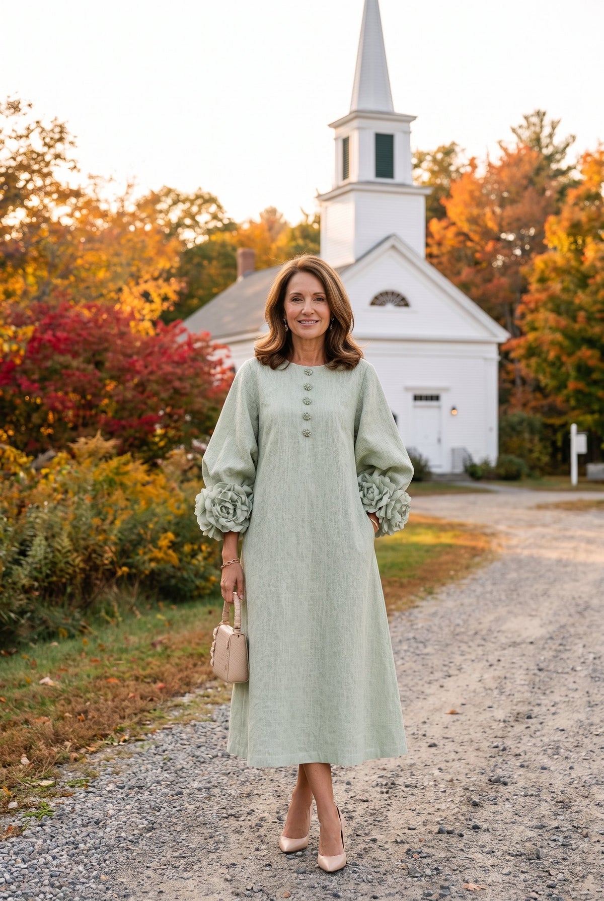 Sage green balloon sleeve midi dress styled on Cape Cod for women 50+ – Susan & Anne