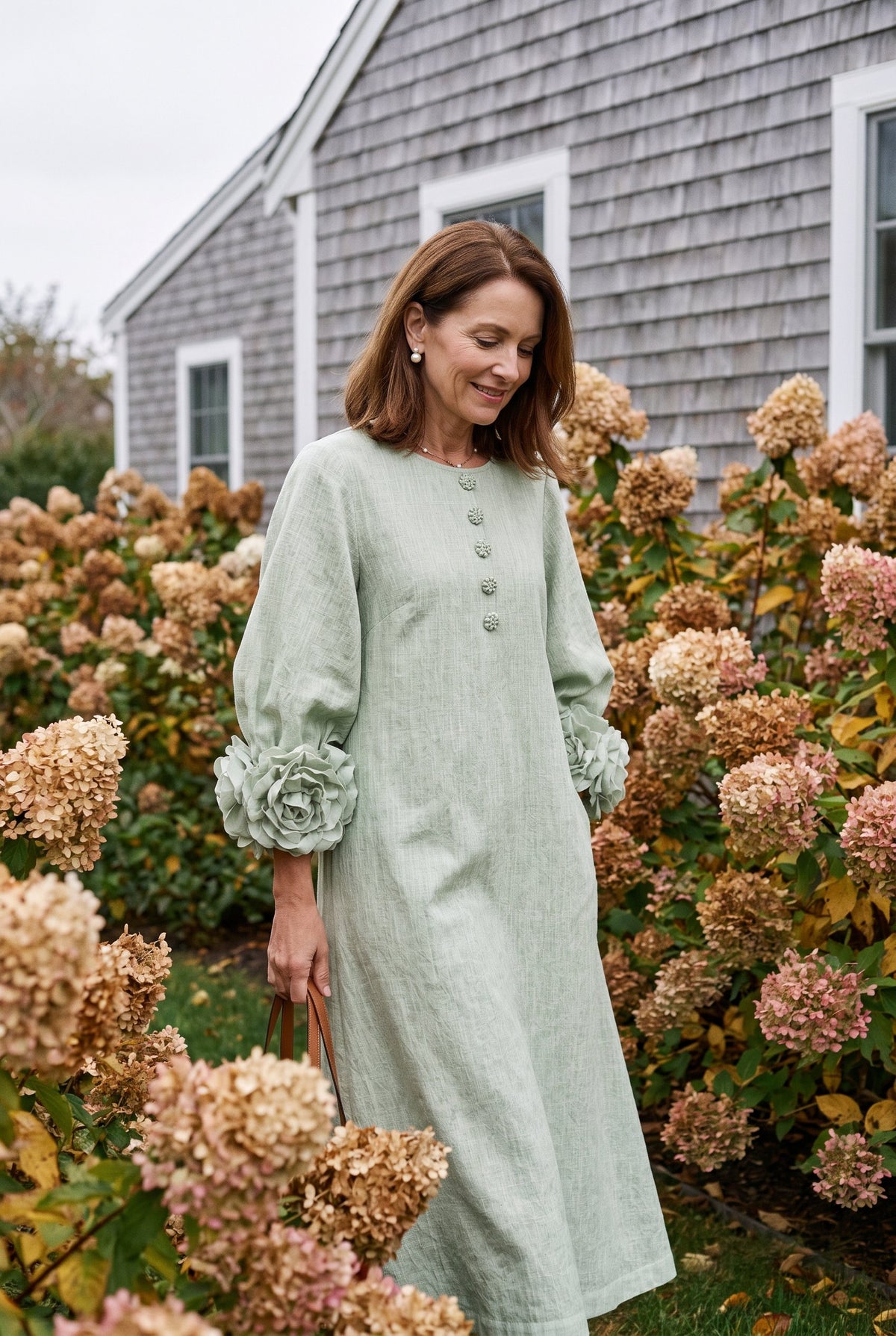 Sage green balloon sleeve midi dress styled on Cape Cod for women 50+ – Susan & Anne
