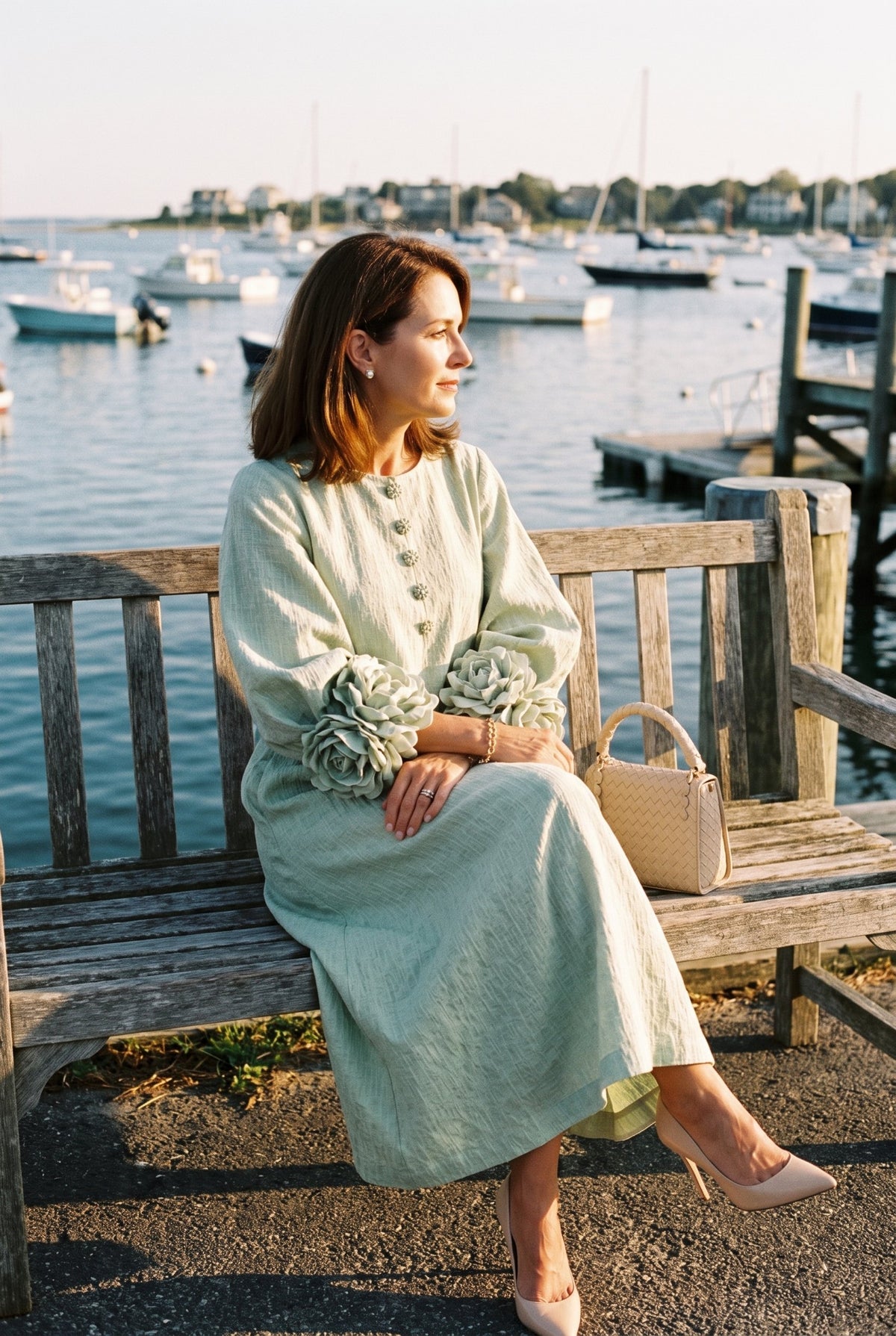 Sage green balloon sleeve midi dress styled on Cape Cod for women 50+ – Susan & Anne