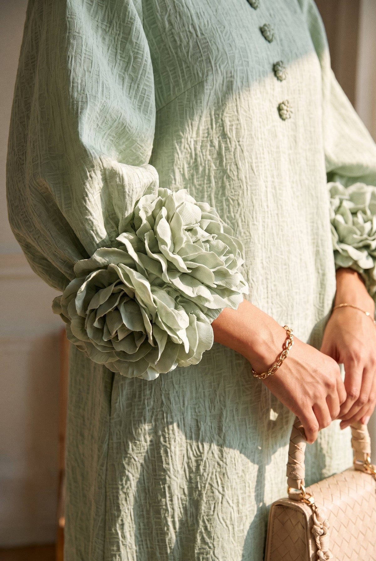 Sage green balloon sleeve midi dress styled on Cape Cod for women 50+ – Susan & Anne