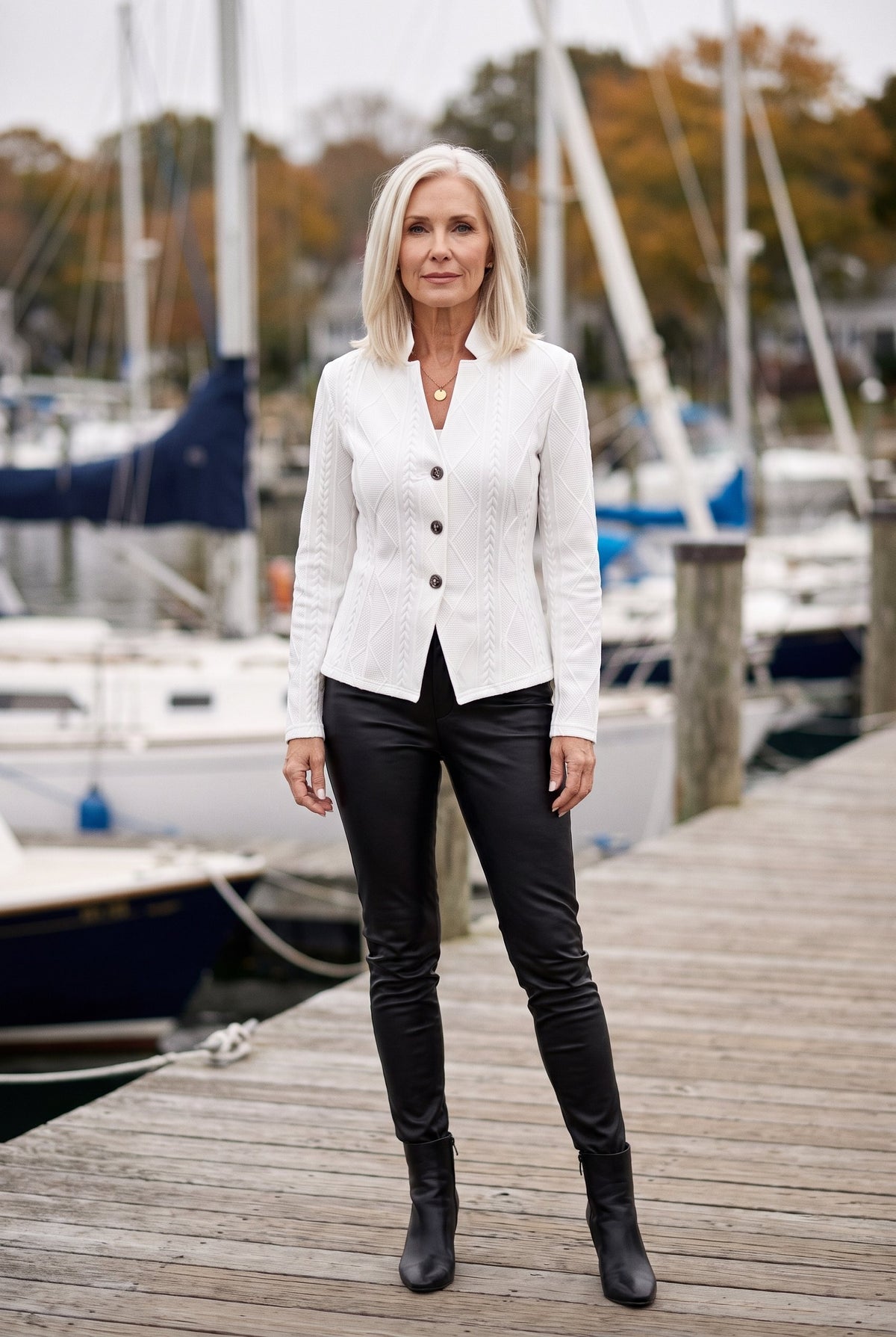 White textured knit blazer styled on Cape Cod for women 50+ – Susan & Anne