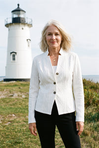 White textured knit blazer styled on Cape Cod for women 50+ – Susan & Anne