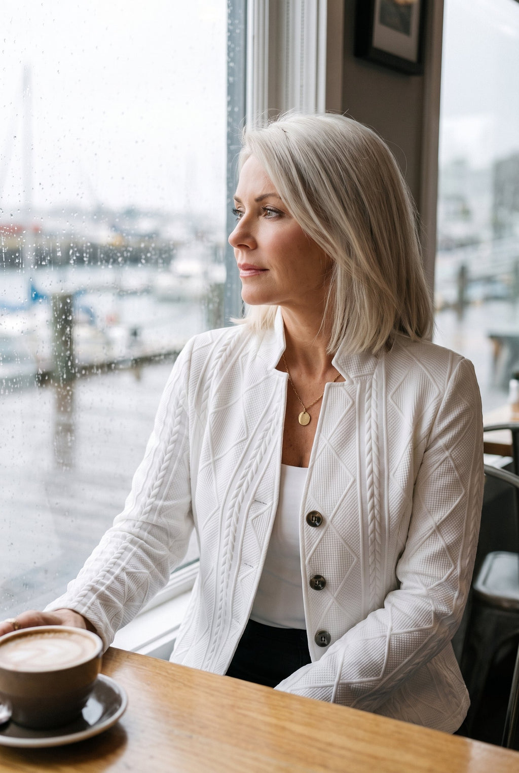 White textured knit blazer styled on Cape Cod for women 50+ – Susan & Anne