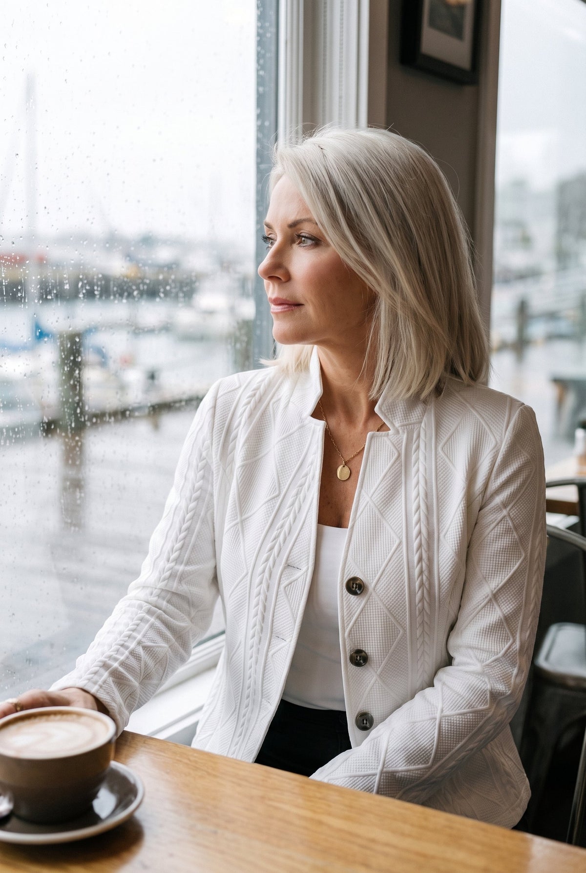 White textured knit blazer styled on Cape Cod for women 50+ – Susan & Anne